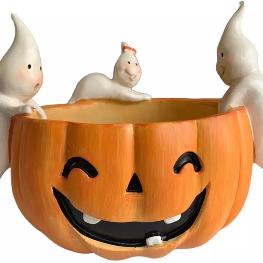Goblin and Ghoul Halloween Ghost Trio Jack O Lantern Pumpkin Candy Bowl